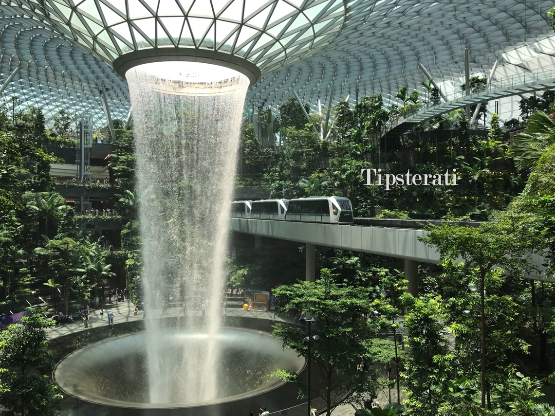 A train passes beside a large column of water passing through a hole in a glass ceiling. The surroundings are lush. 