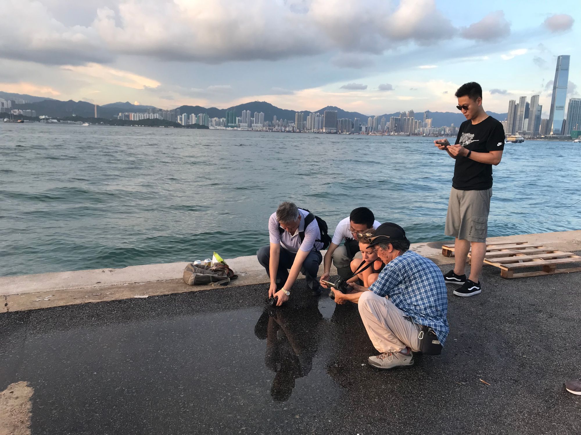 A group of photographers on a pier photographing a puddle. The HK harbour and Kowloon with its hills and skyscrapers are behind them. 