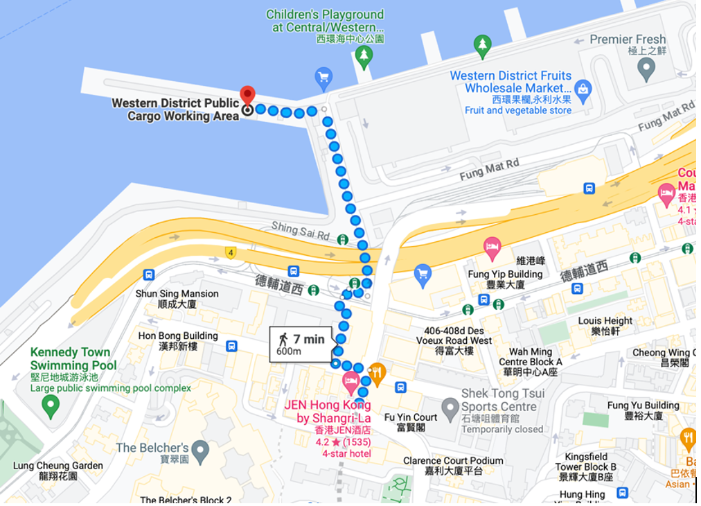 Google map image showing how to walk to the piers from HKU station MTR