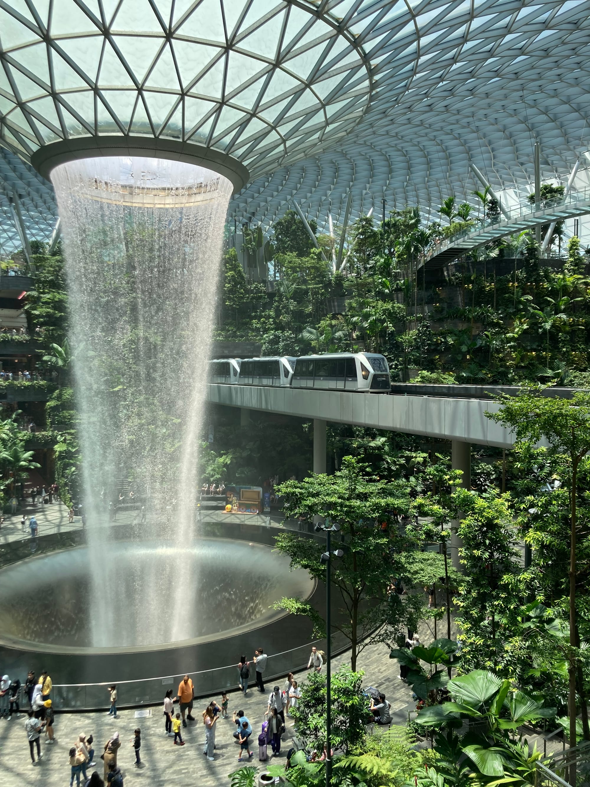 Next to the falling water is an elevated track and a train is passing through. There is greenery all around.