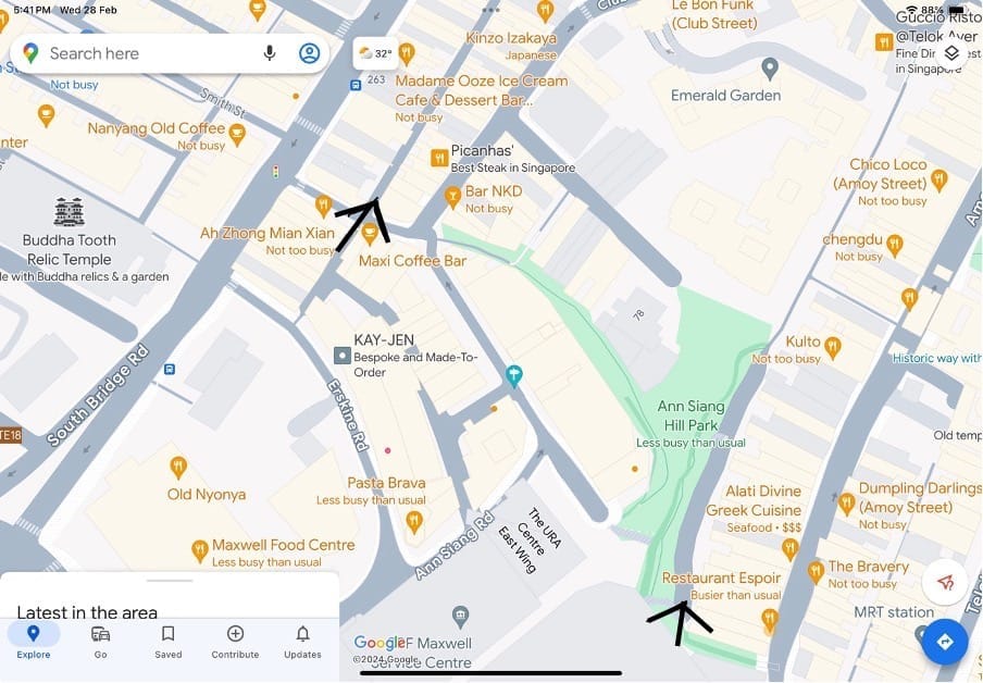 Map of the Singapore Chinatown area with black areas indicating 2 back alleys to explore