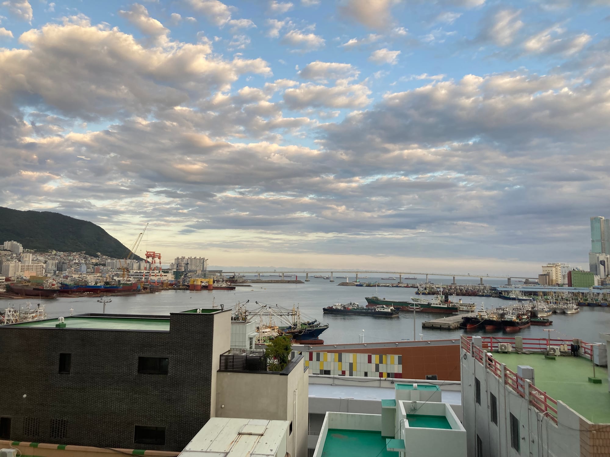 We see the tops of buildings in the foreground, then the sea with ships and a wide open sky with a bank of clouds.