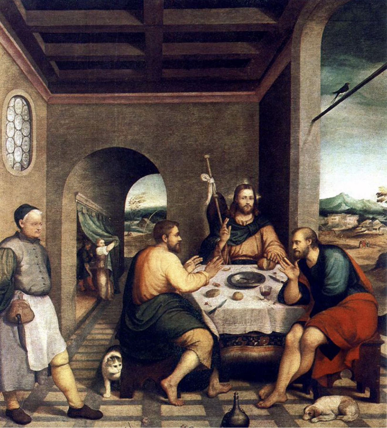 Christ is revealing himself to his companions, while a cat peeks out from behind a chair.